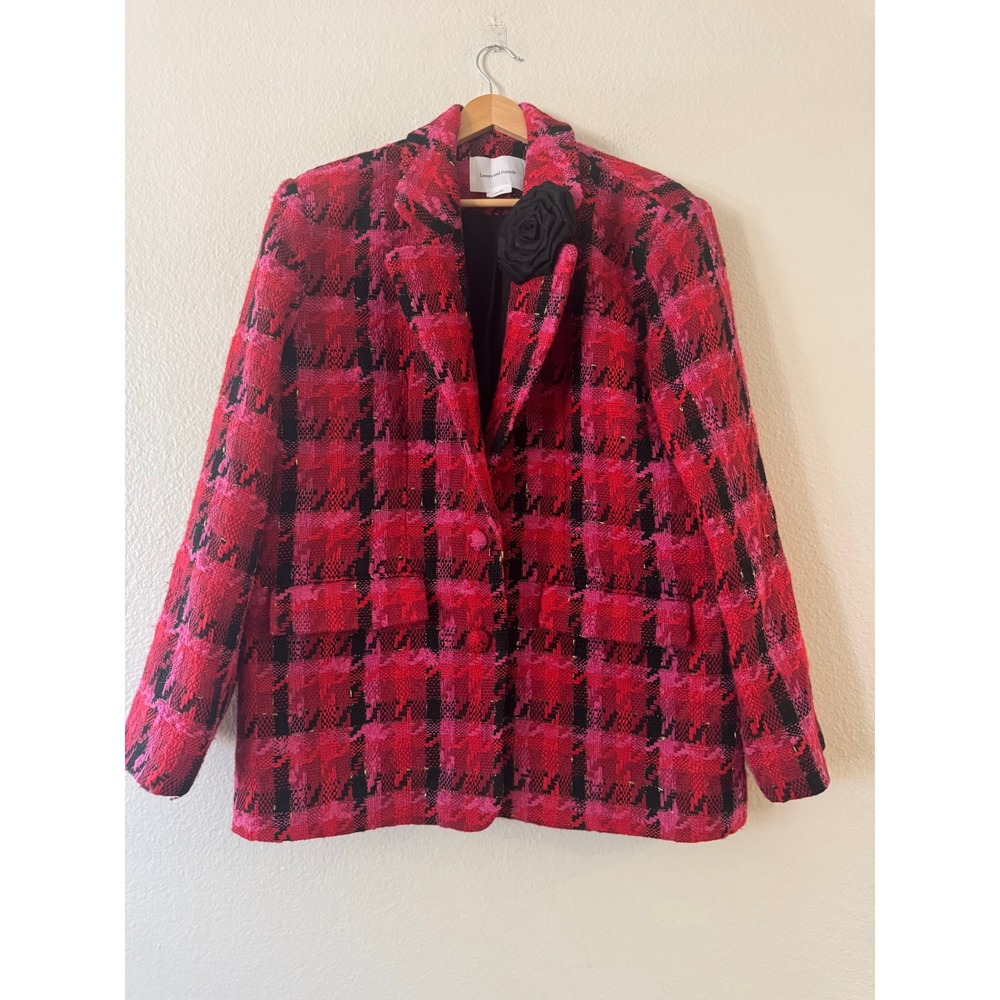 Lovers and Friends Plaid Tweed Blazer Metallic Rosette Large Red Pink Excellent